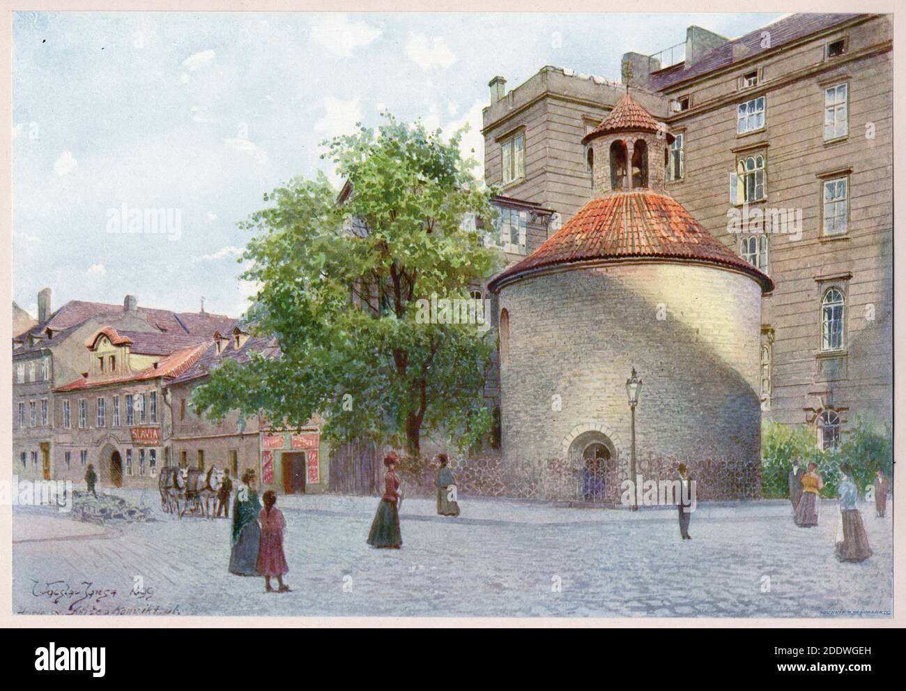 Romanesque rotunda of the Finding of the Holy Cross (Rotunda Nalezení svatého Kříže) on the corner of Konviktská Street in Staré Město (Old Town) in Prague depicted in the watercolour painting by Czech painter Václav Jansa (1899) from his cycle Old Prague (Stará Praha) ordered by the Prague Magistrate and published in the beginning of the 20th century by Czech publisher Bedřich Kočí. Stock Photo