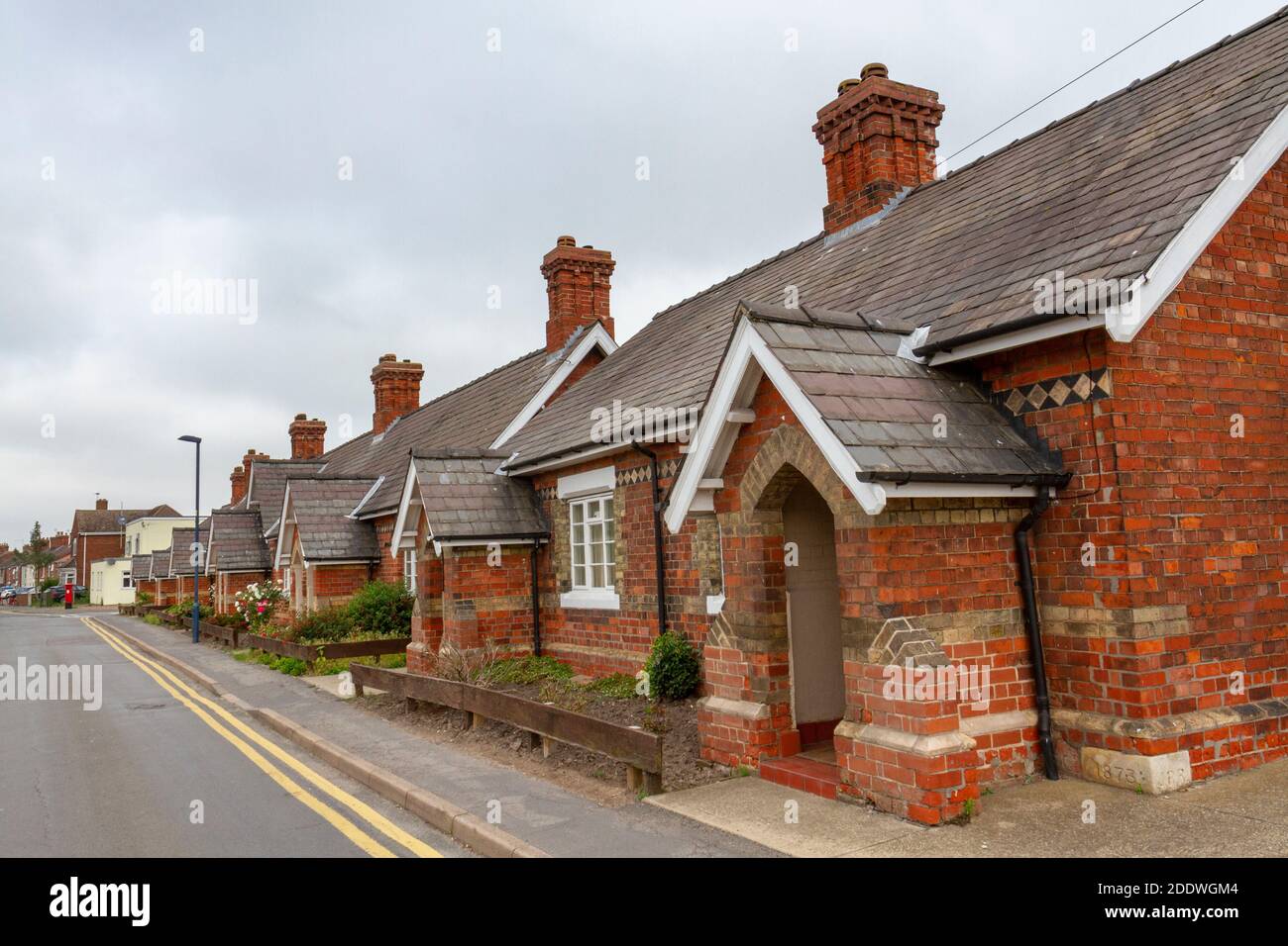A line of almhouses (c.1873) on Willoughby Road in Boston, Lincolnshire, UK. Stock Photo