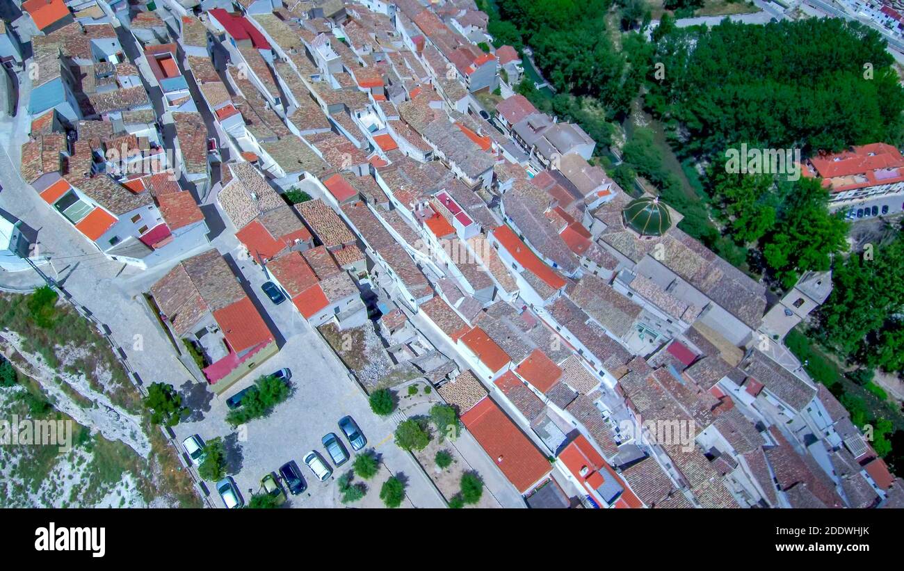 An aerial view of an ancient small town Castellfollit de la Roca on a