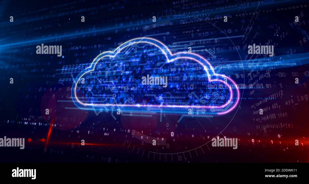 Cloud symbol, digital data storage, computer technology, online database and cyber computing concept animation. Futuristic abstract 3d rendering illus Stock Photo
