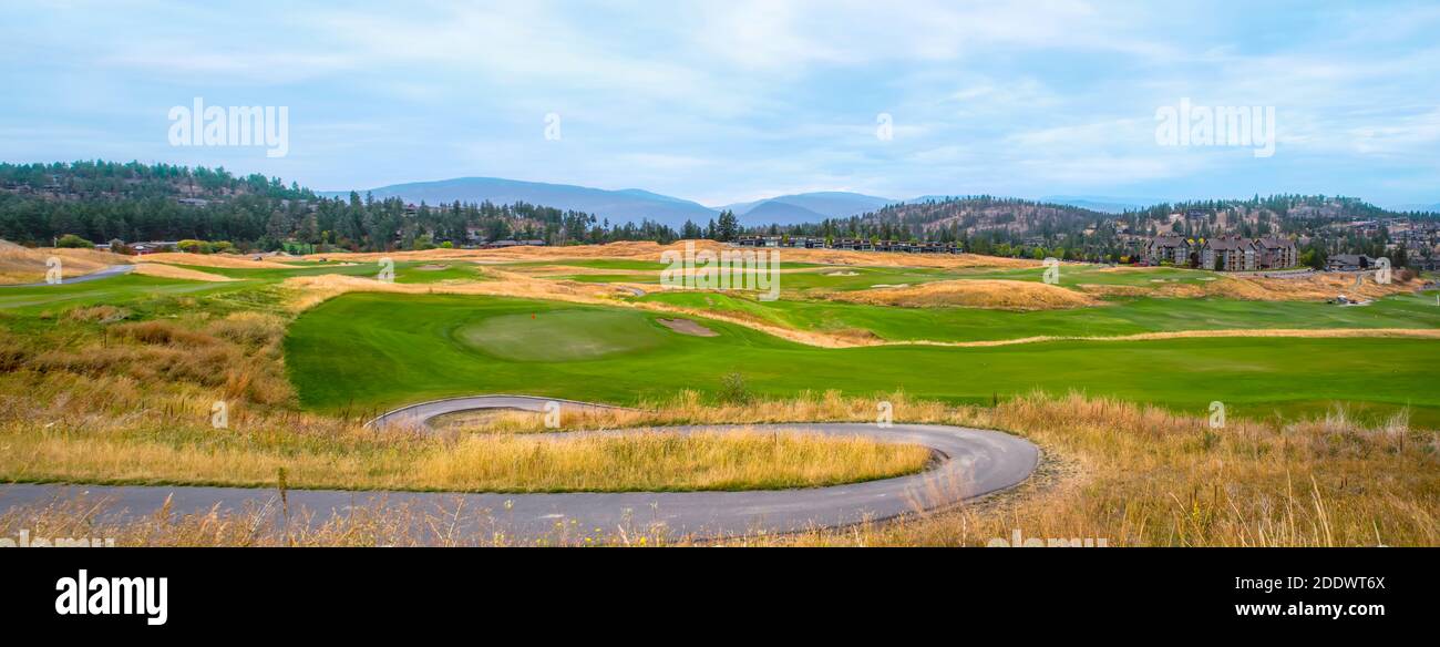 Panorama of the landscape with the yellow and green grass of a golf ...