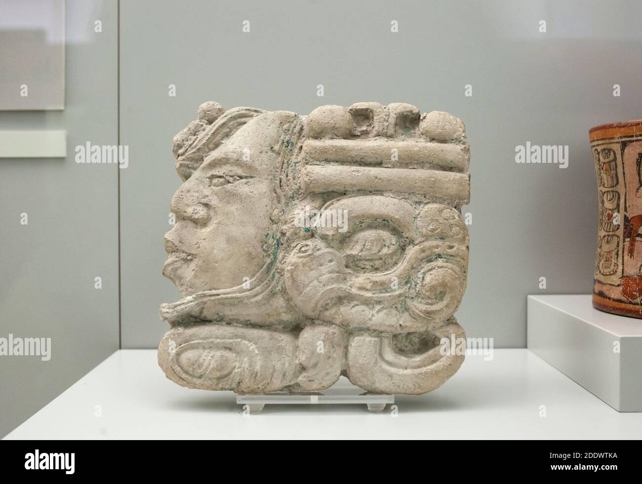 Madrid, Spain - Jul 11th, 2020: Palenque numeric glyph. Mayan culture, 600 AD. Museum of the Americas, Madrid, Spain Stock Photo