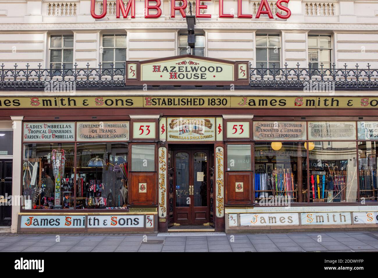 Jas (James) Smith & Sons Umbrella Shop; Hazelwood House, 53 New Oxford St, London. A traditional establishment for umbrellas and walking sticks. Stock Photo