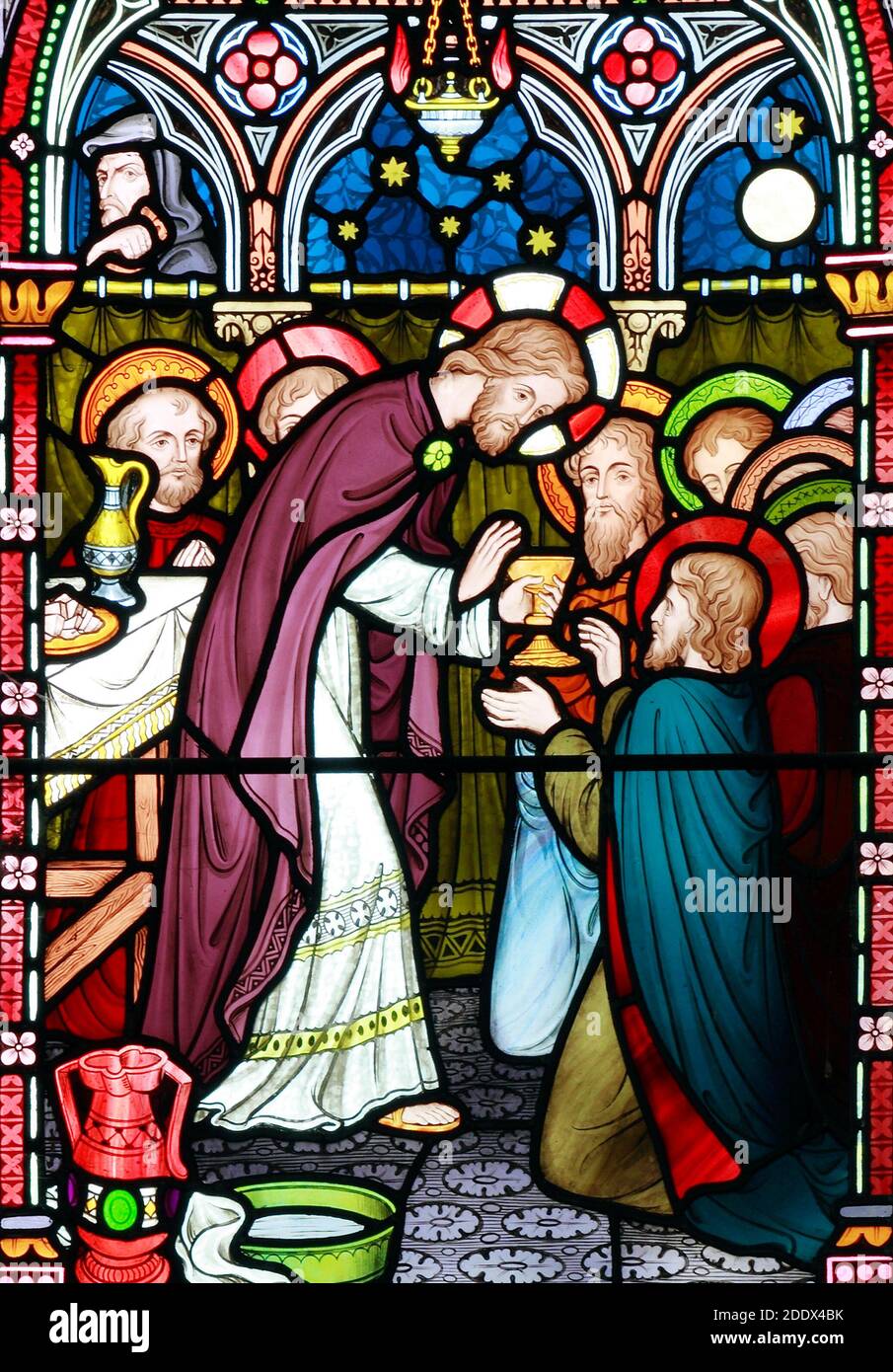 The Last Supper, Jesus offers wine to disciples, Judas with bag of silver, detail, stained glass window, by Frederick Preedy, 1867, Old Hunstanton, Stock Photo