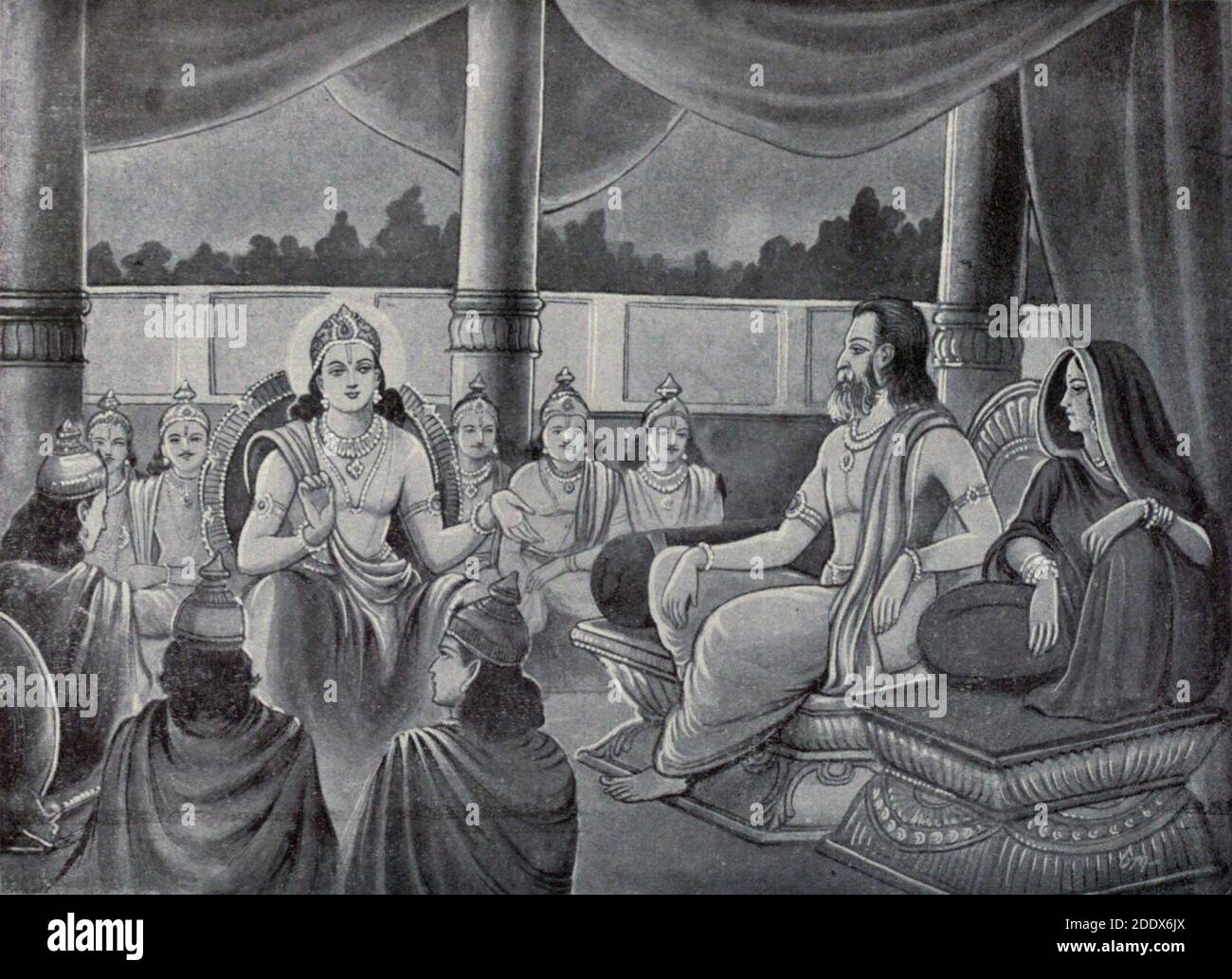 Krishna narrating the story of Mahabharata war to his parents. Stock Photo