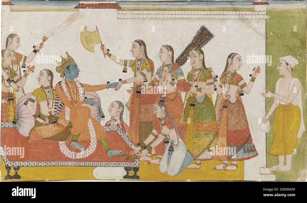 Krishna welcomes Sudama Bhagavata Purana 17th century India. Stock Photo