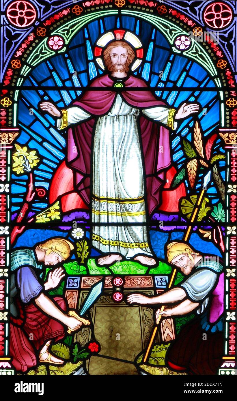The Resurrection, Jesus is risen, Roman guards, soldiers are afraid, Old Hunstanton, detail of stained glass window by Frederick Preedy, 1867, Norfolk Stock Photo