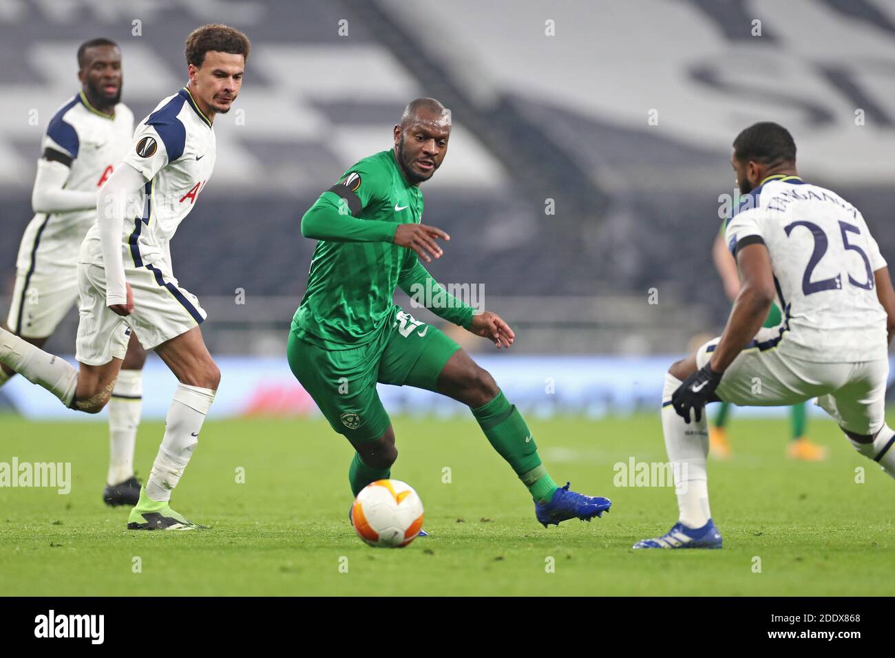 LONDON, ENGLAND. NOVEMBER 26TH Ludogorets defender Jordan Ikoko is watched  by Tottenham defender Japhet Tanganga during the UEFA Europa League Group J  match between Tottenham Hotspur and PFC Ludogorets Razgrad at the