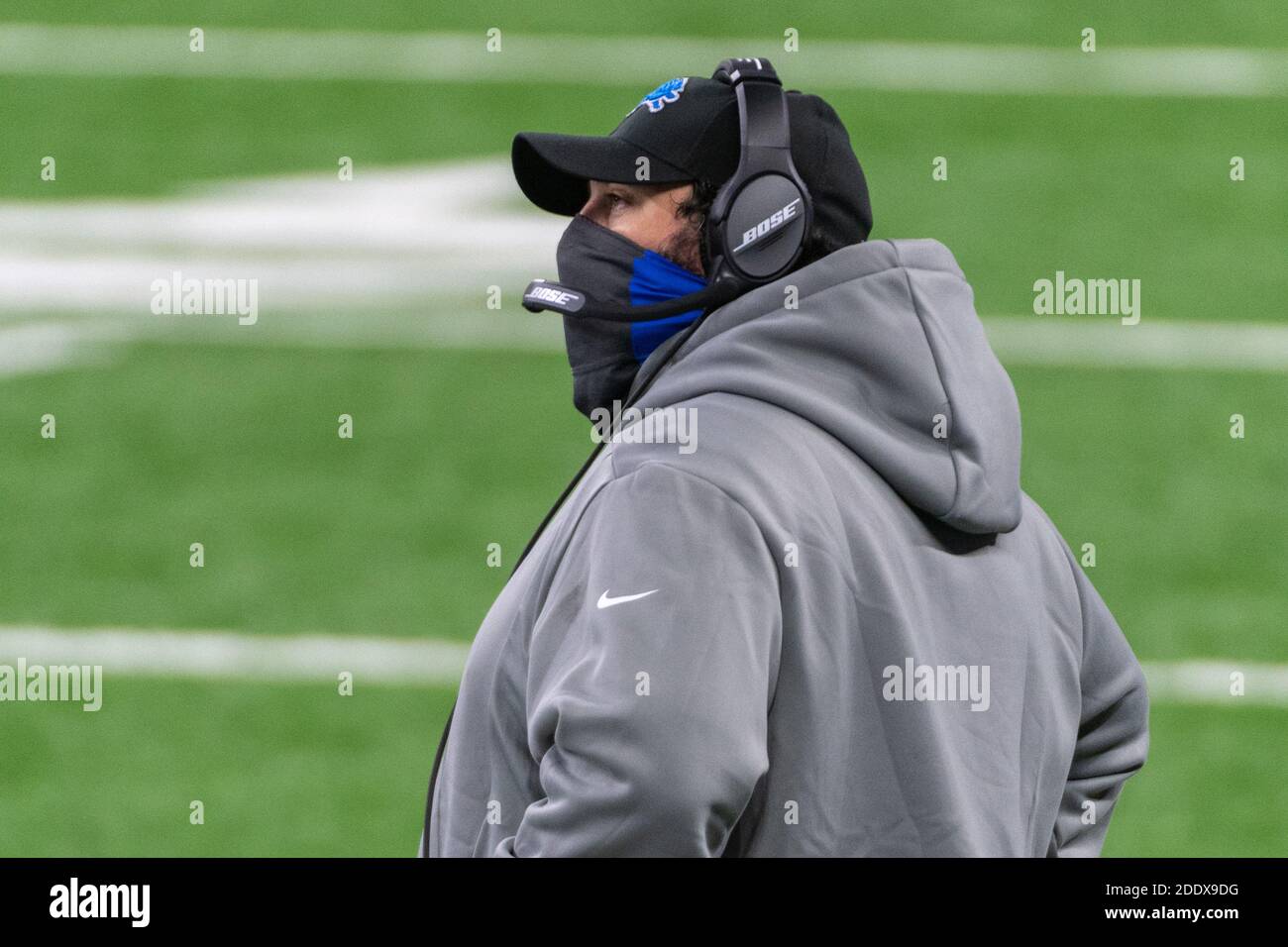 DETROIT, MI - NOVEMBER 26: Detroit Lions head coach Matt Patricia watches a replay from the sideline during NFL game between Houston Texans and Detroit Lions on November 26, 2020 at Ford Field in Detroit, MI (Photo by Allan Dranberg/Cal Sport Media) Credit: Cal Sport Media/Alamy Live News Stock Photo