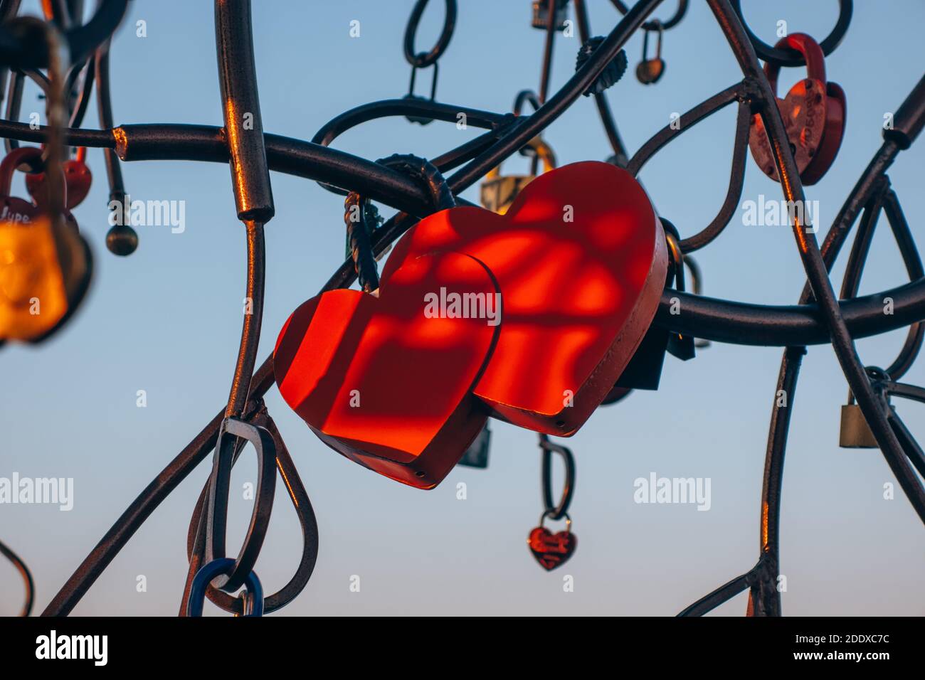 Close-up of the castle on the metal tree of the newlyweds in love in the form of two hearts, as a symbol of eternal love. Valentine's day concept. Stock Photo