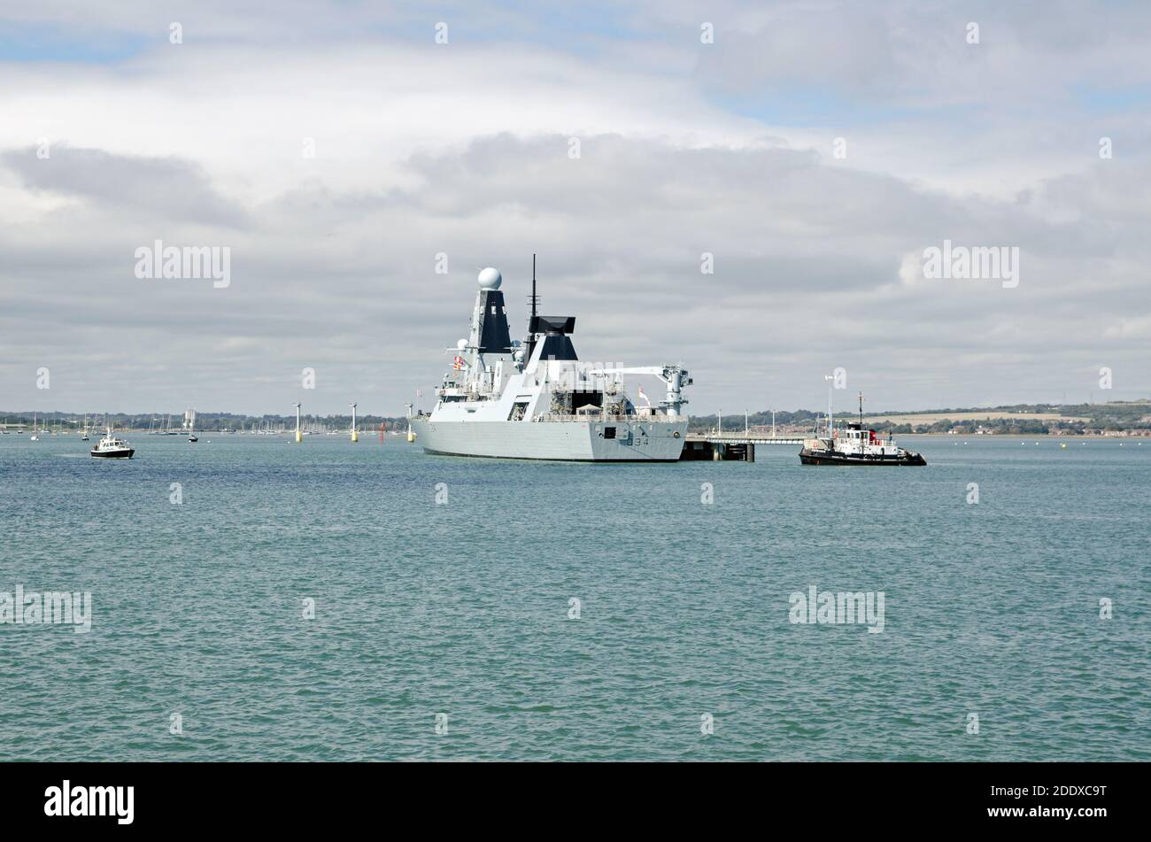 Portsmouth, UK - September 8, 2020:  The Royal Navy destroyer HMS Diamond moored at the Upper Harbour Ammunitioning Facility in Portsmouth Harbour, Ha Stock Photo