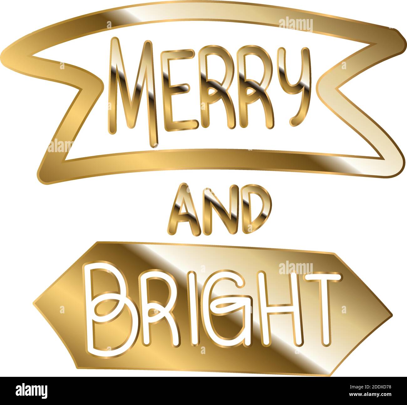 merry and bright in gold lettering with white background Stock Vector
