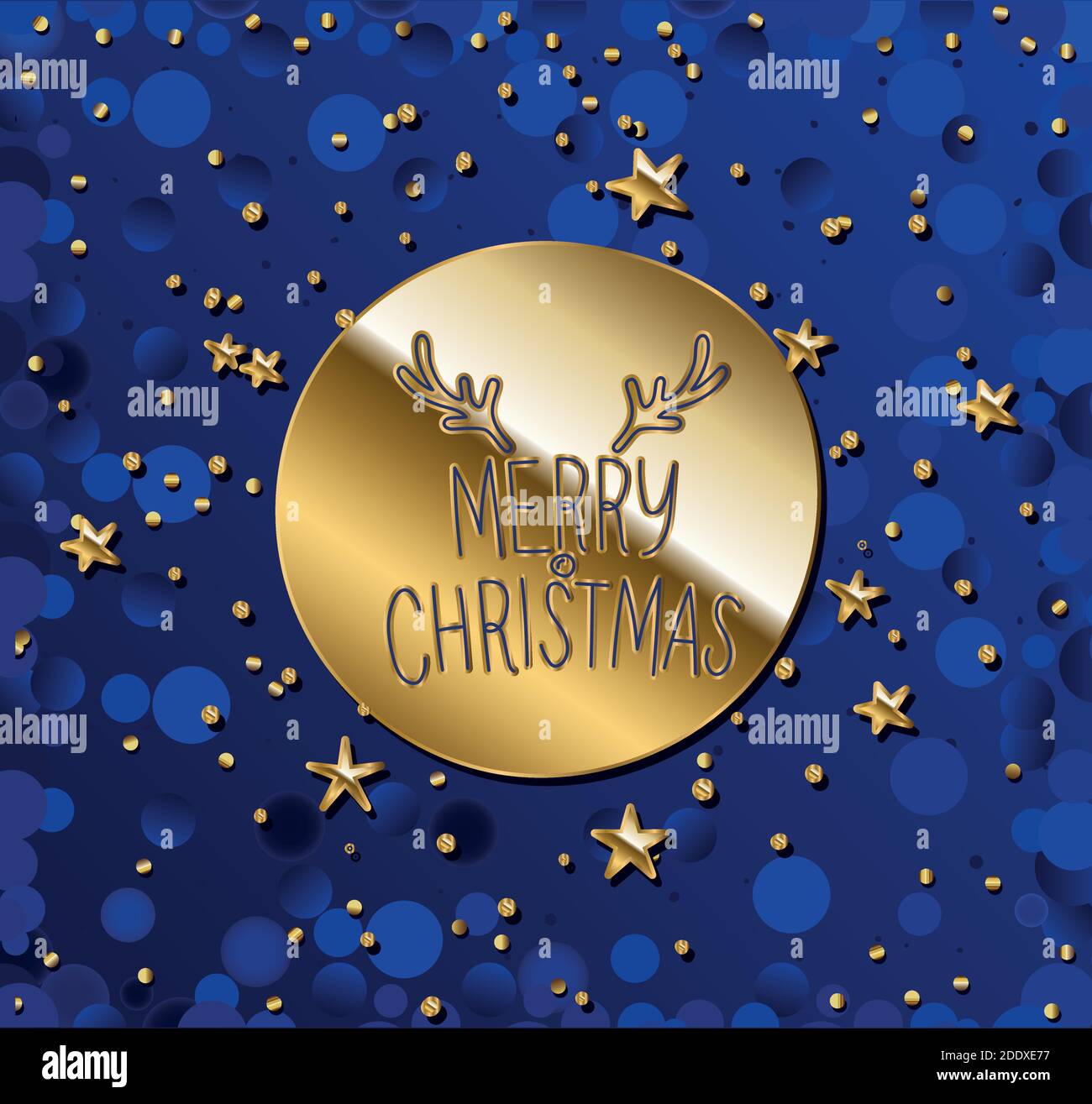 merry christmas in gold lettering on golden circle and blue background