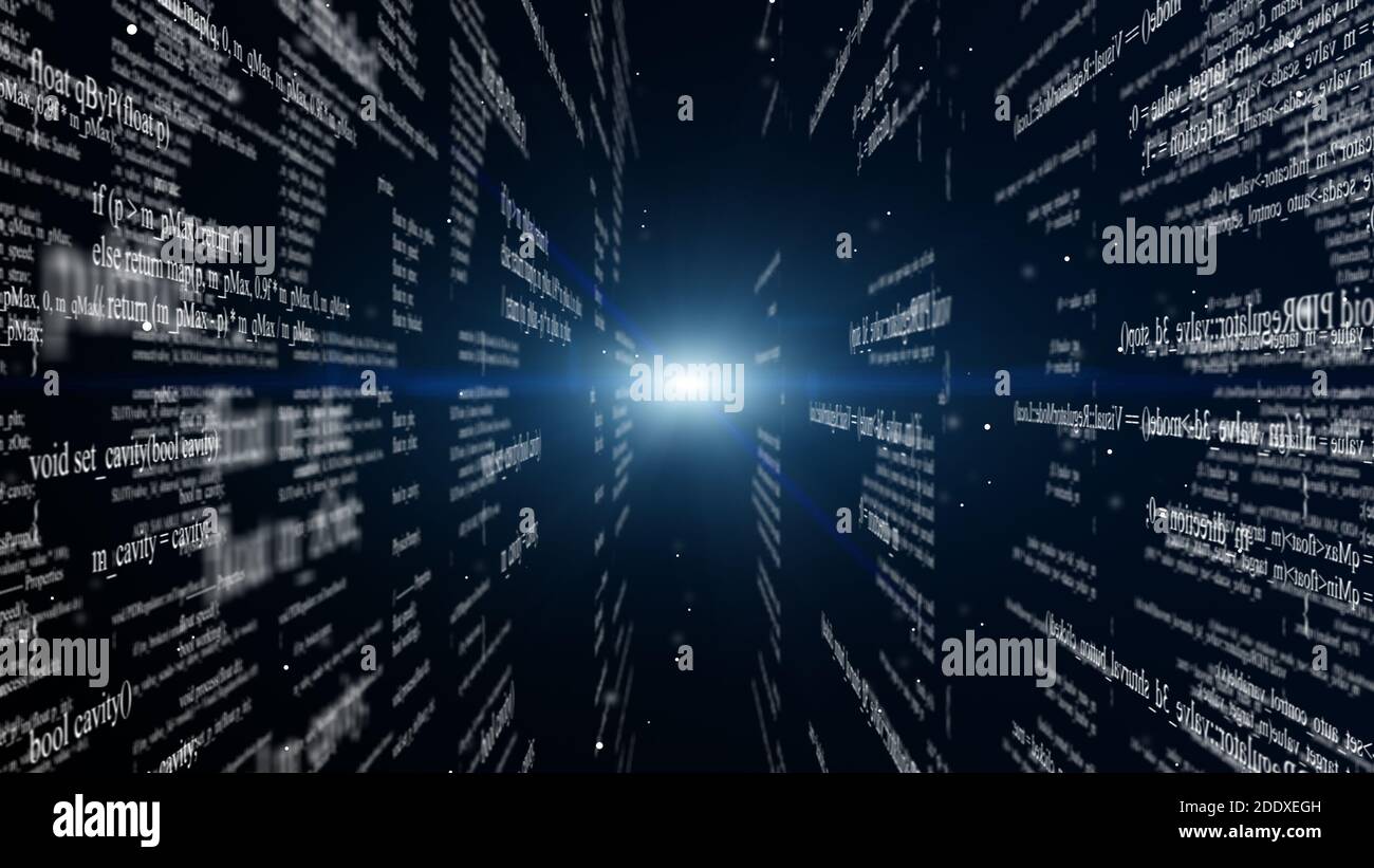 Blocks of program code flying in virtual space Stock Photo - Alamy