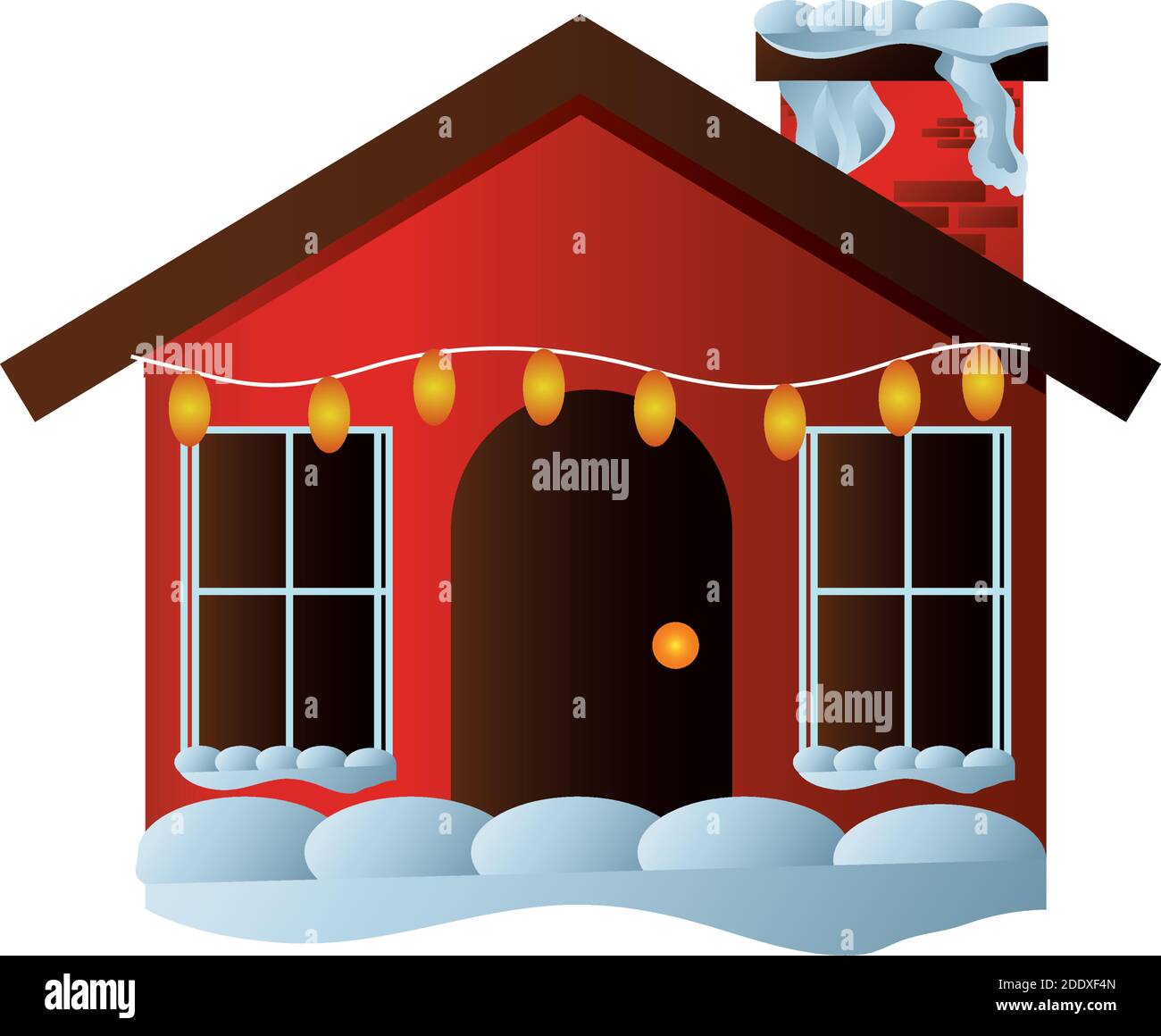 merry christmas, house with chimney lights and snow on white background