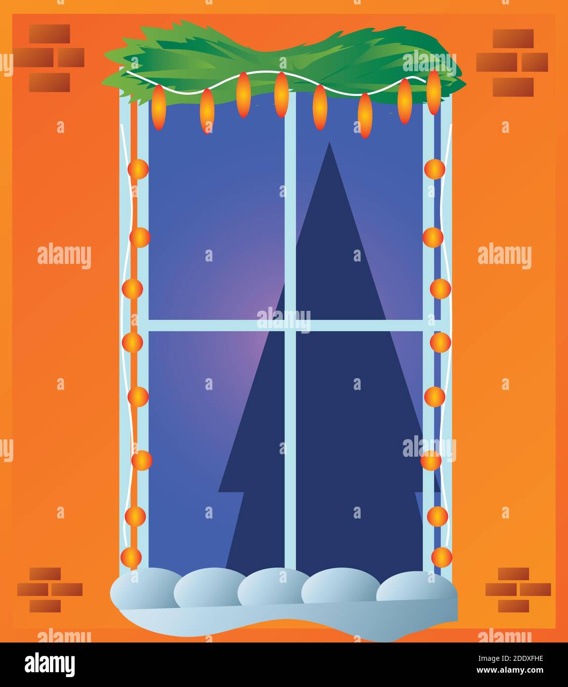 merry christmas, window home with tree lights and snow vector illustration Stock Vector Image