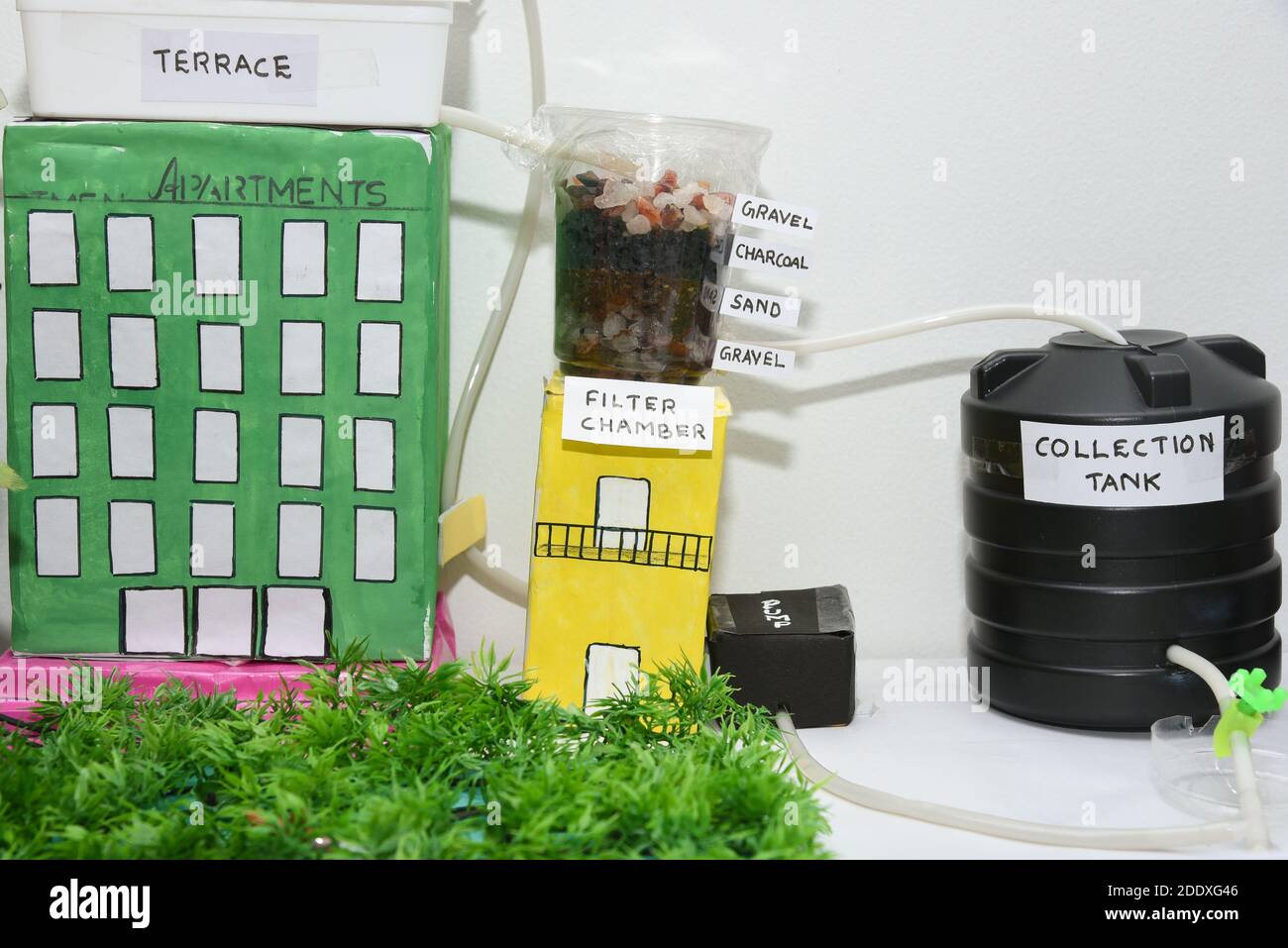 Kids presenting their science home project at school Rain water harvesting working model