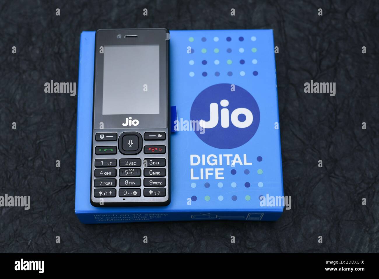 Reliance Jio mobile phones for old, elder people or senior citizens with number pad which is easy to use with big font. Stock Photo