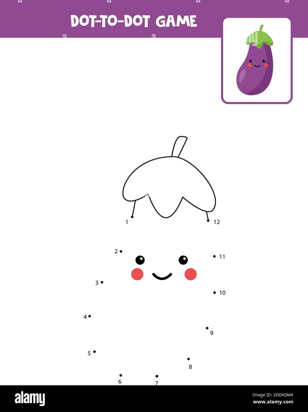 Dot to dot game with cute kawaii eggplant. Connect the dots. Math game ...