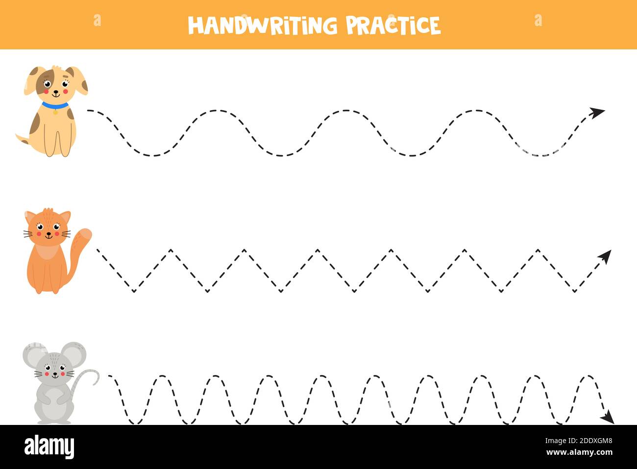 Tracing lines with cute dog, cat and mouse. Domestic animals