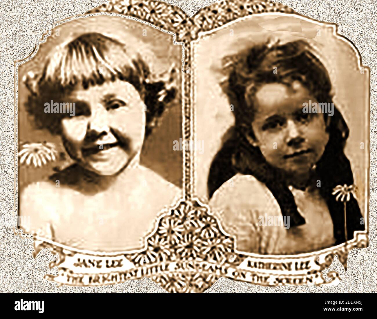 A 1917 portrait of child film stars Jane Lee and Katherine Lee. --- Jane (1912–1957) and Katherine (1909–1968), were real sisters who became child stars in many silent motion pictures and vaudeville theatre. Otherwise known as  the 'Baby Grands'   the 'Lee Kids,' or the 'Fox Kiddies' they appeared in a number of  film productions, sometimes together, sometimes individually. Stock Photo