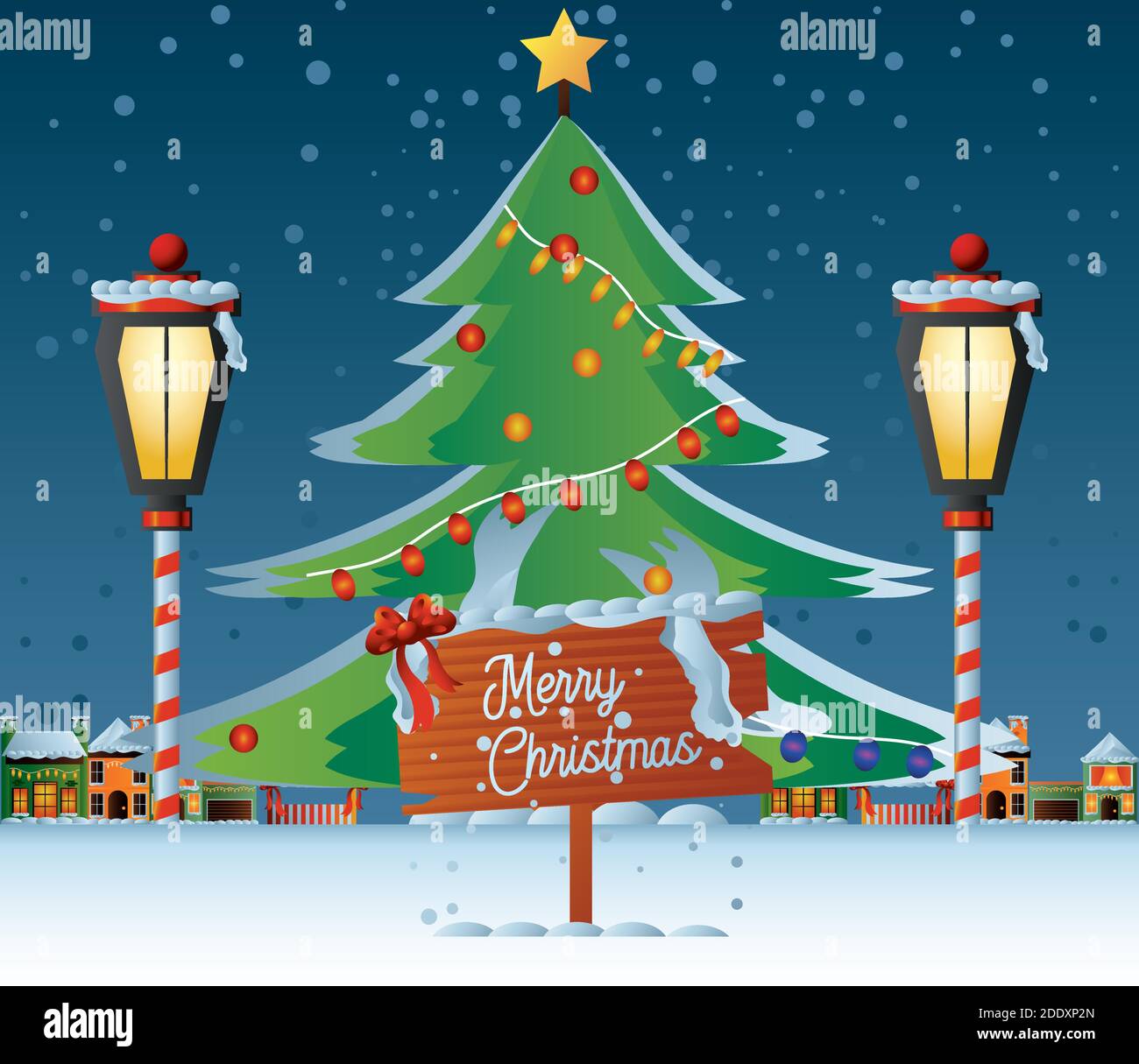 merry christmas tree lamp post houses lights and snow scene vector illustration Stock Vector