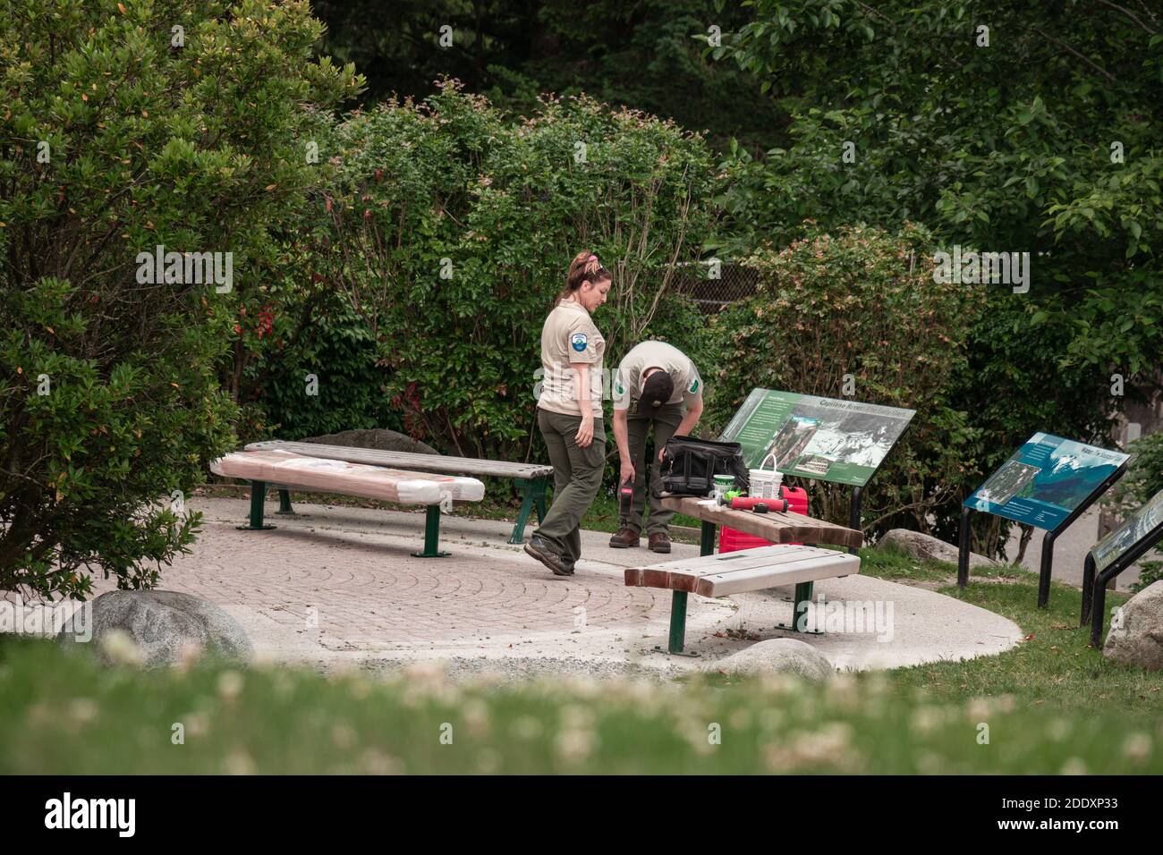 Bench Region North Vancouver, Canada - July 6,2020: Two regional parks workers ...