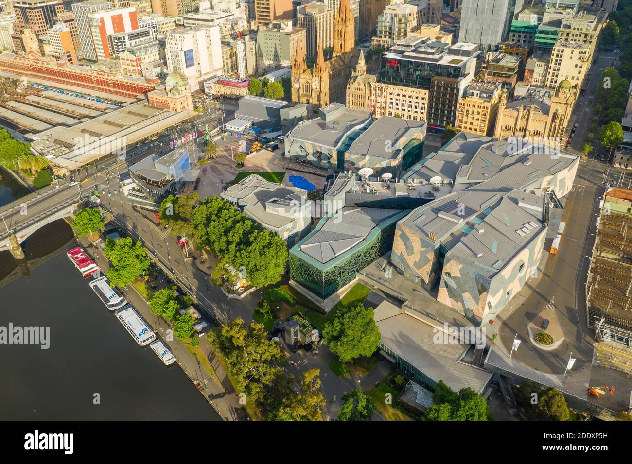 Aerial photo of Federation Square in Melbourne CBD Stock Photo