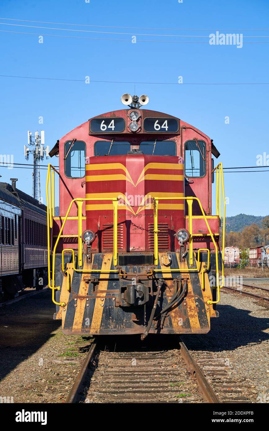 Front view of the locomotive of the Skunk Train in Willits, California