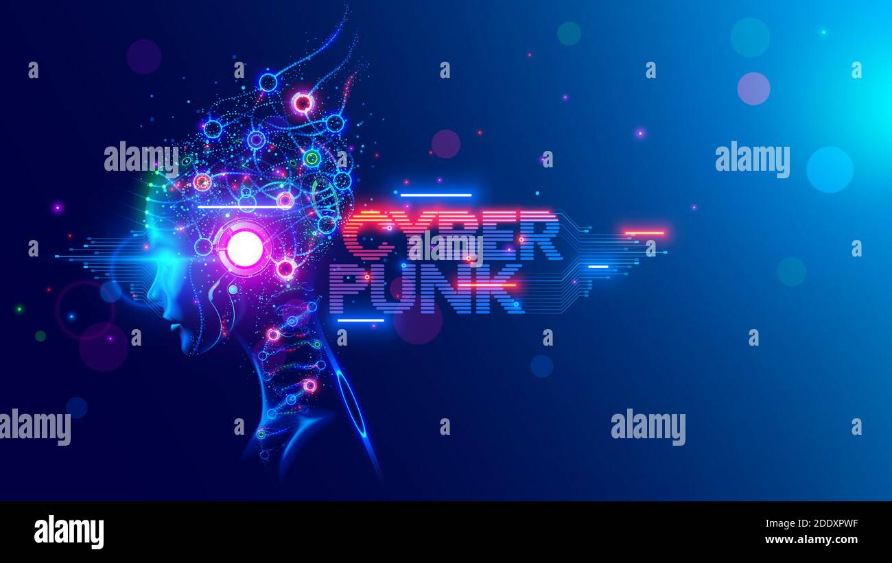 AI. Woman Cyborg head with artificial neural networks brain. Neon cyberpunk word in style 80th. Female robot face with computer artificial Stock Vector