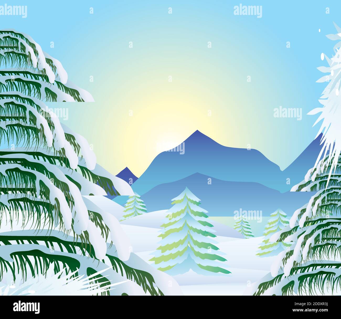 winter landscape pine trees with snow mountains and sun background ...