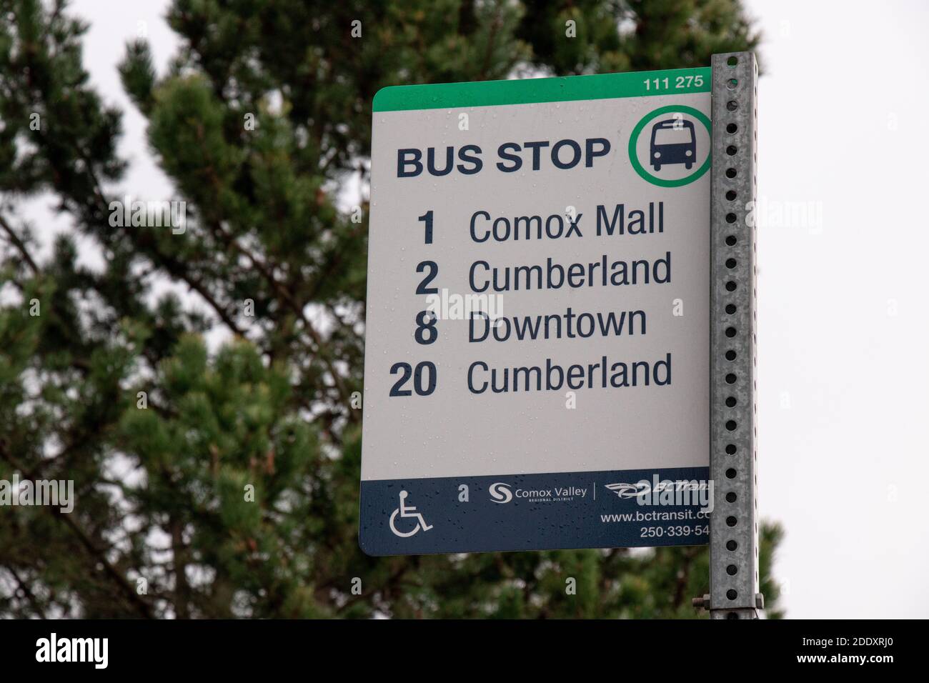 Courtenay, Canada - November 21,2020: View of Bus Stop sign with list ...