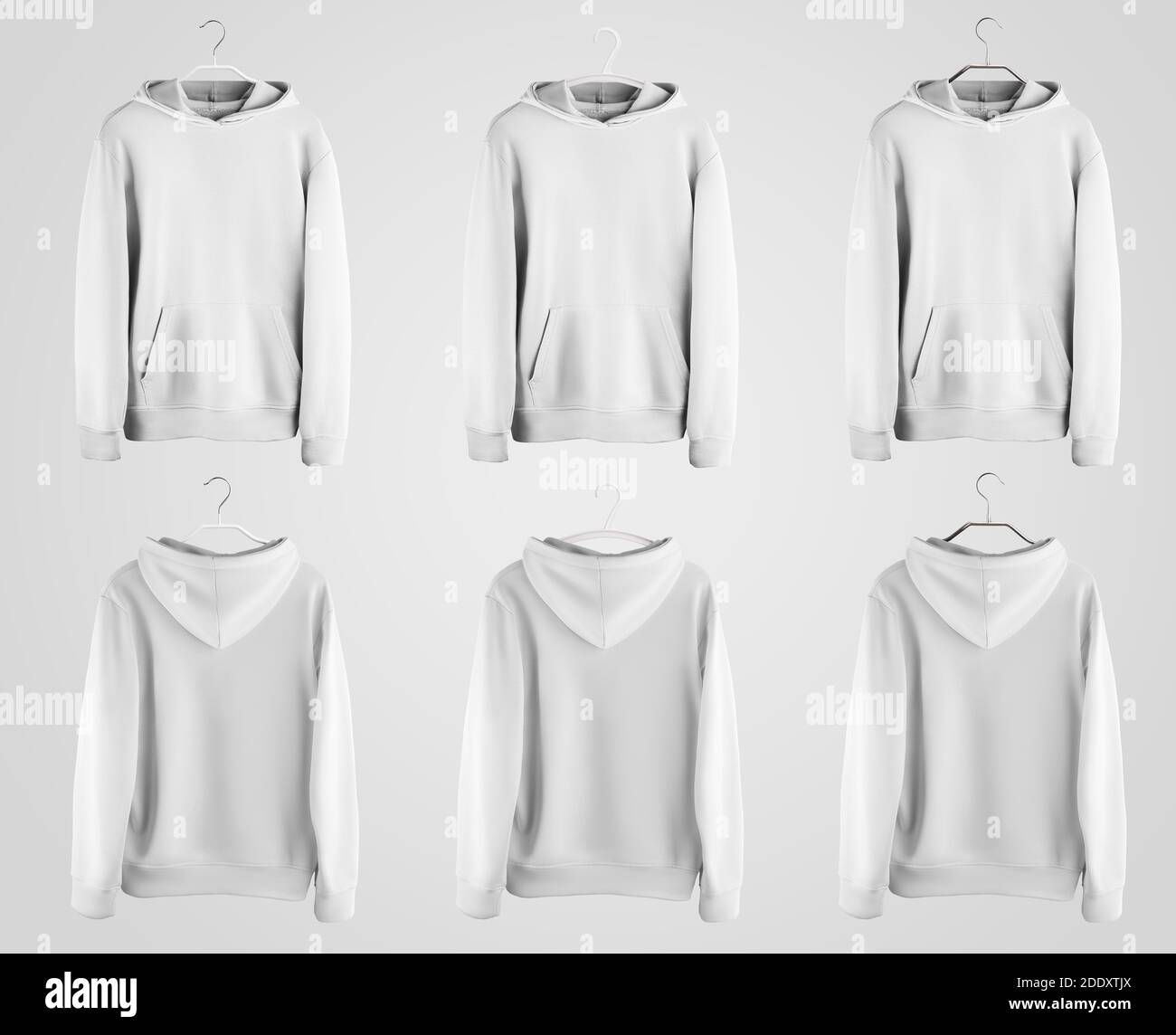 White hoodie template with pocket hanging on metal, plastic hanger