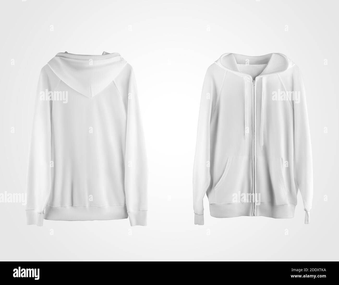 Mockup white hoodie with zipper, drawstring hoodie, front, back view, isolated on background. Mens sweatshirt template, blank sportswear for design pr Stock Photo