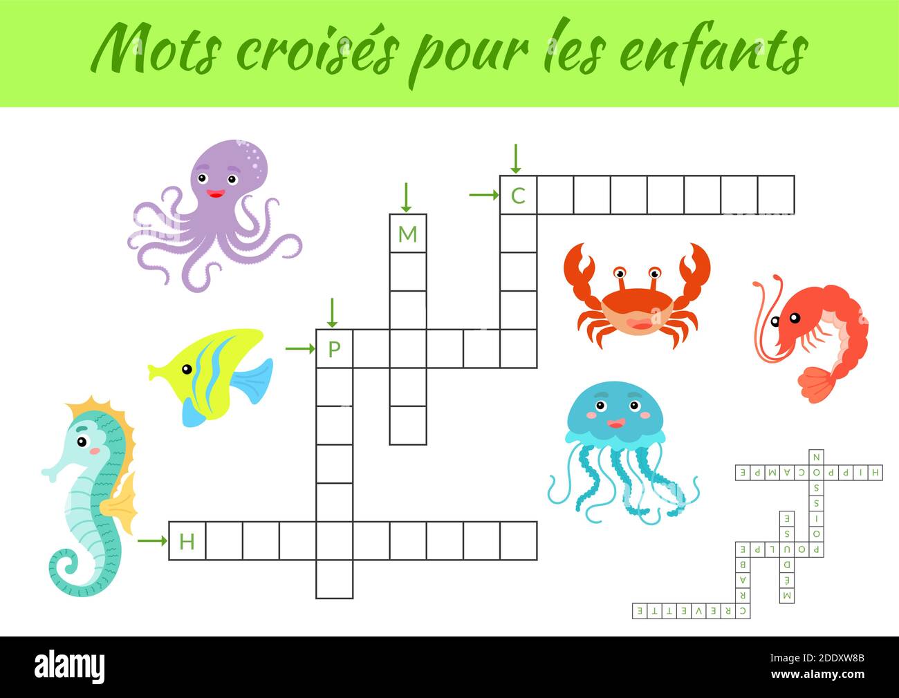 Mots croisés pour les enfants - Crossword for kids. Crossword game with pictures. Kids activity worksheet colorful printable version. Stock Vector