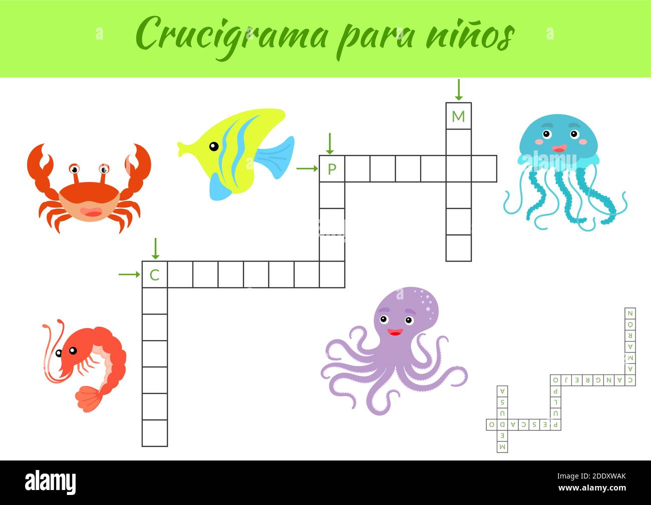 Crucigrama para niños - Crossword for kids. Crossword game with pictures. Kids activity worksheet colorful printable version. Stock Vector