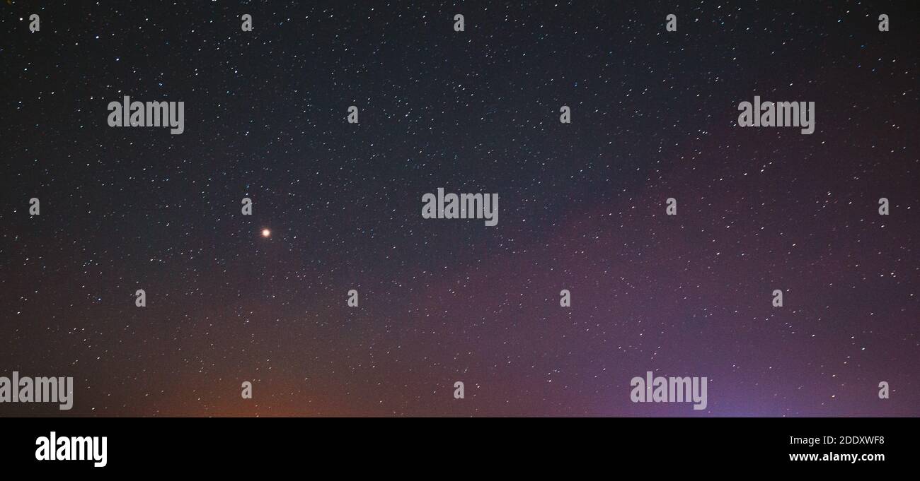 Night Starry Sky With Glowing Stars. Bright Glow Of Venus In Sky