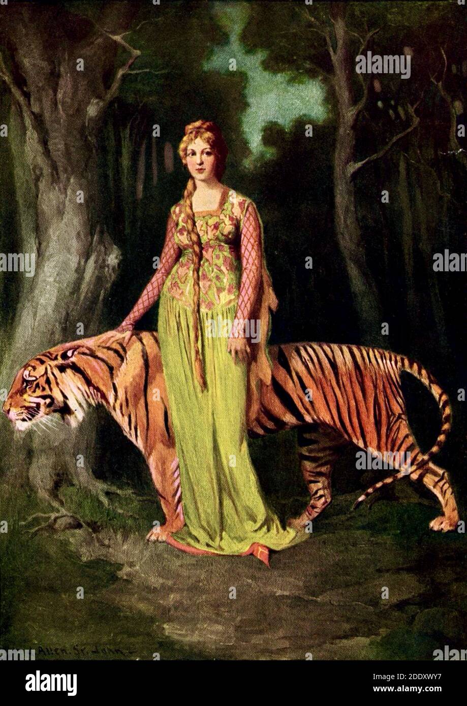 Image taken from the book 'Face in the Pool, written and illustrated by James Allen St John. The woman pictured is the Princess Astrella with a tiger. Stock Photo