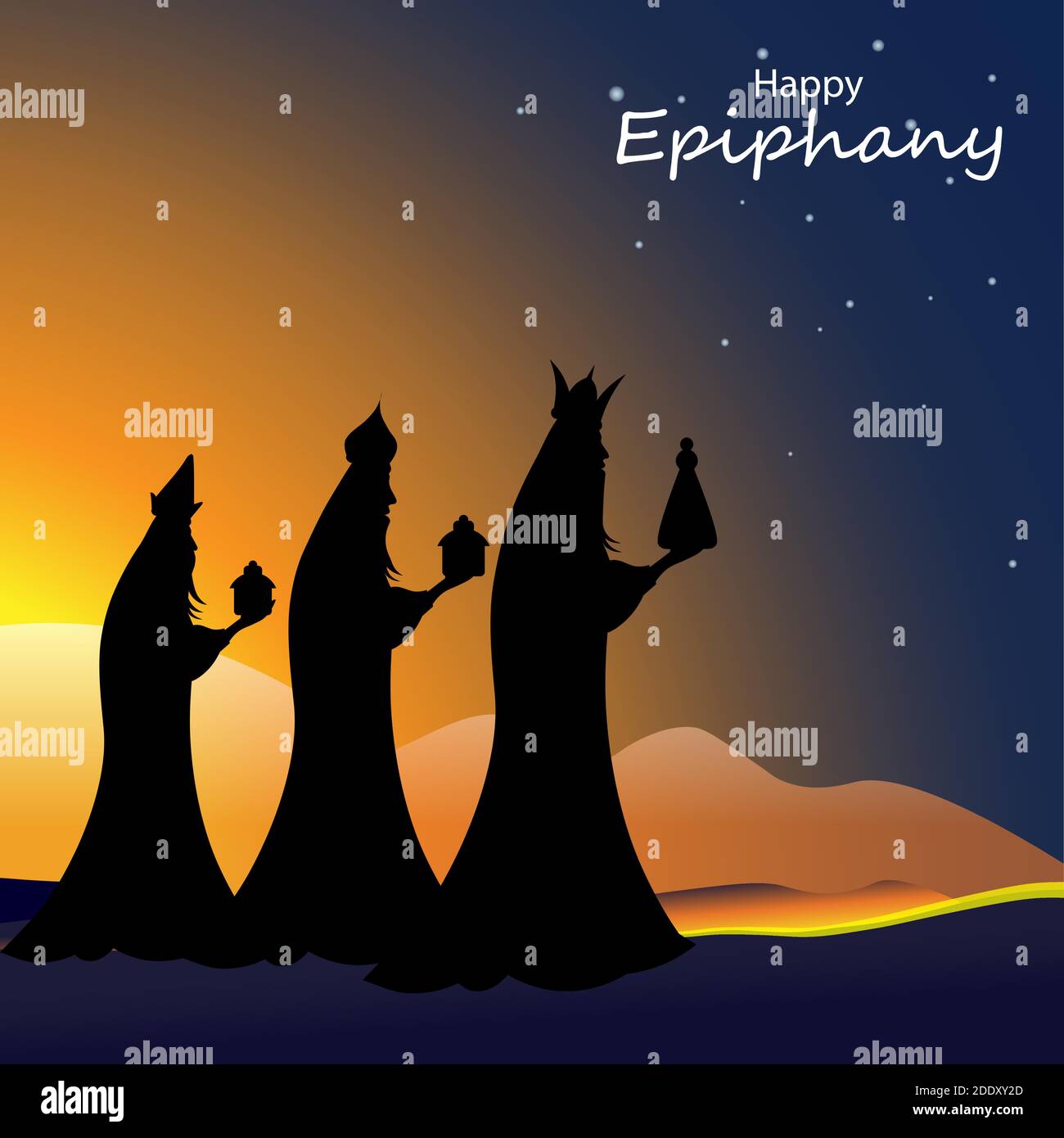 Vector illustration of Epiphany, a Christian festival. Jesus Christ soon after he was born. Abstract 3 kings looking at star in dark night background Stock Vector