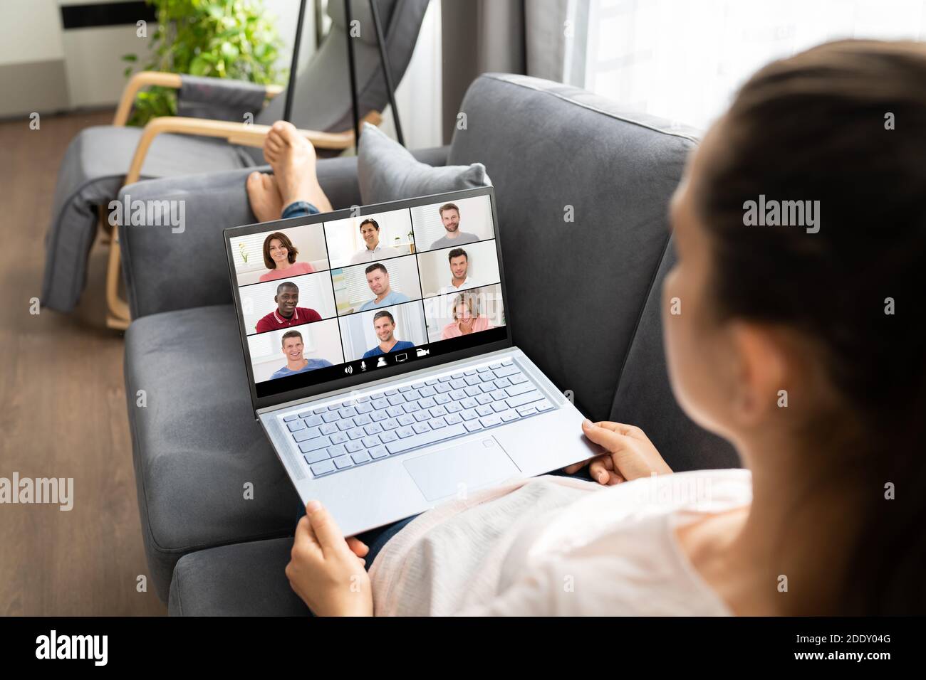 Live Elearning Video Conference Webinar On Laptop Stock Photo