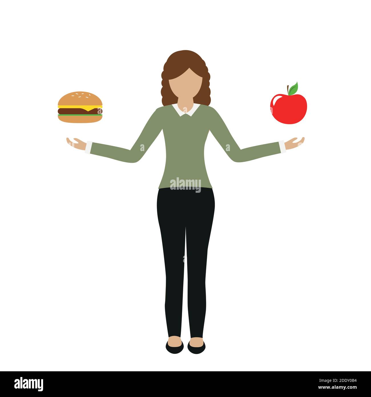 woman holds burger in one and apple in the other hand food concept vector illustration EPS10 Stock Vector