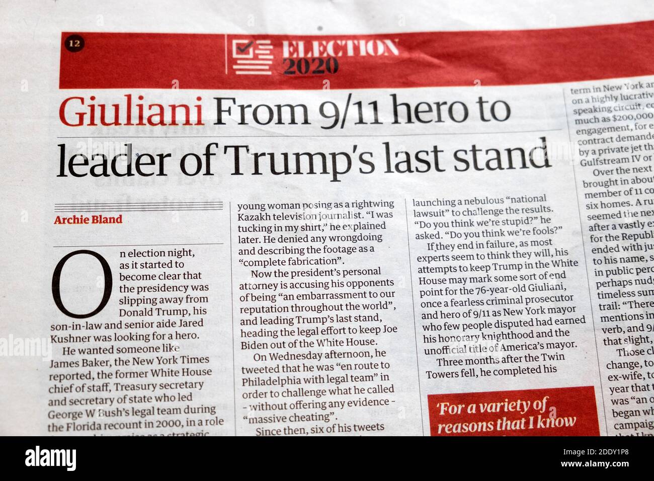 2020 US election Rudy 'Giuliani From 9/11 to leader of Trump's last stand' Donald Trump British newspaper headline on article London UK Stock Photo