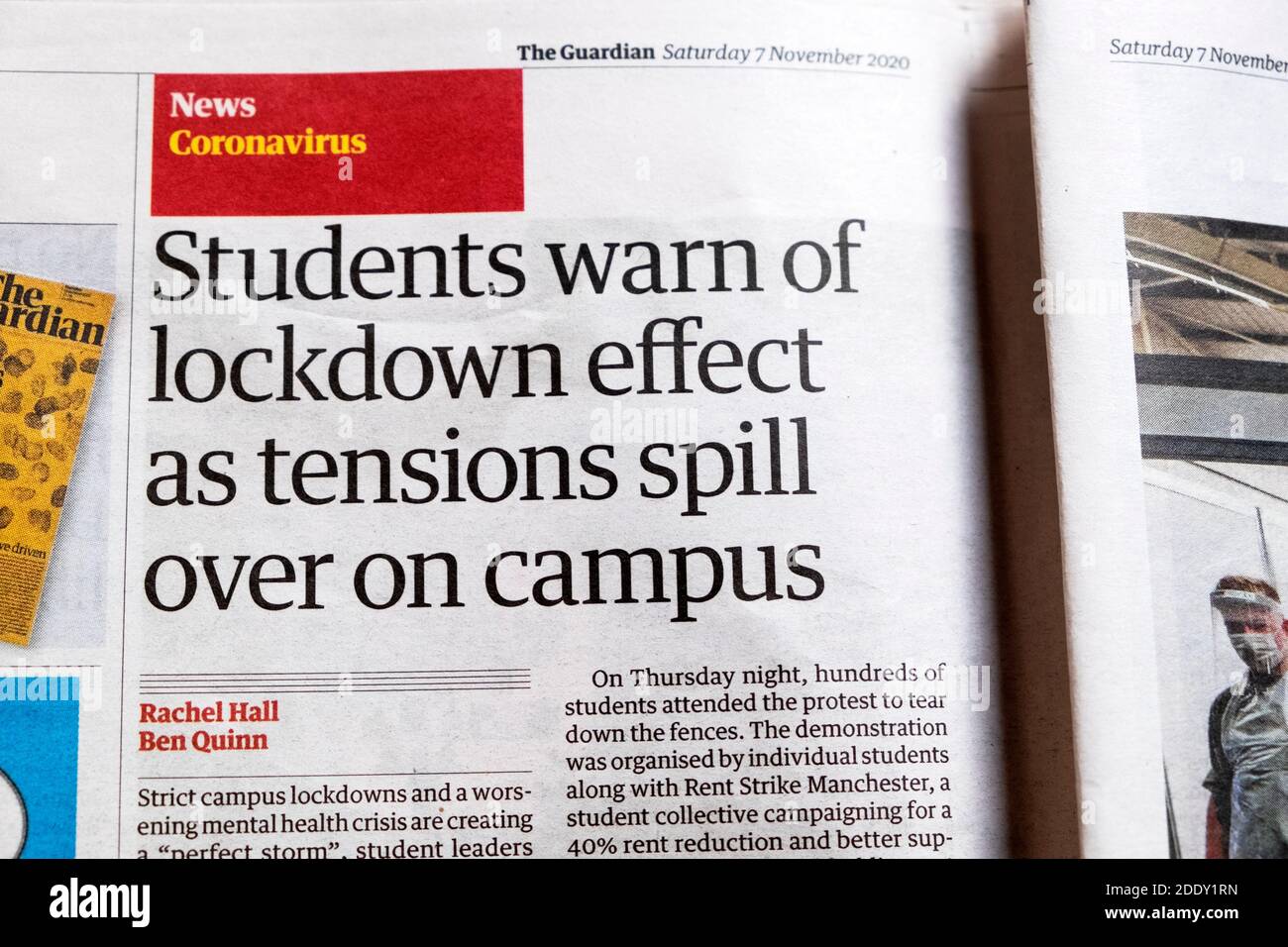 Coronavirus News 'Students warn of lockdown effect as tensions spill over on campus' in Guardian newspaper article headline on page 7 November 2020 UK Stock Photo