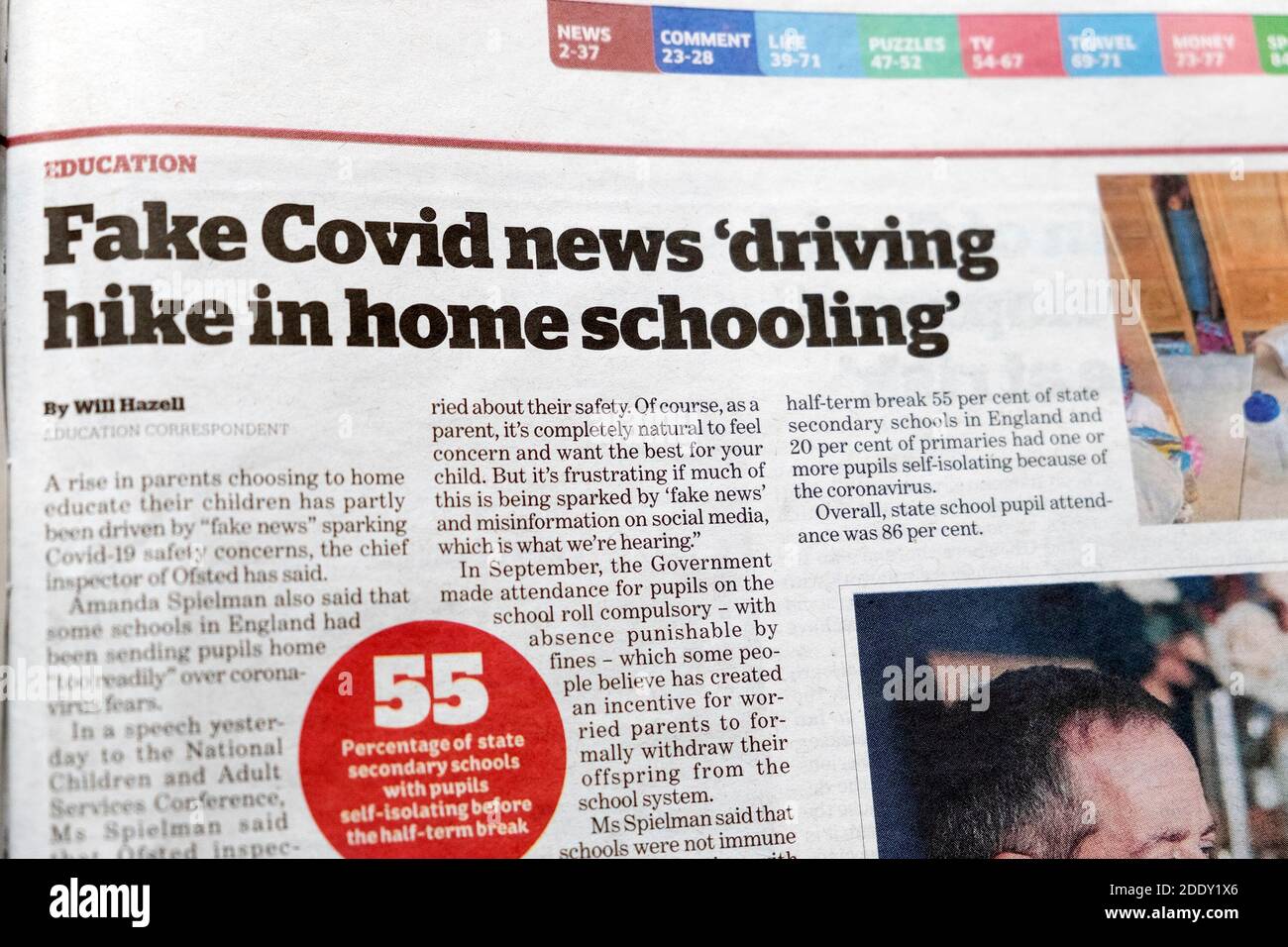 'Fake Covid news 'driving hike in home schooling' '  i newspaper headline inside page article clipping cutting in Education section Nov 2020 UK Stock Photo