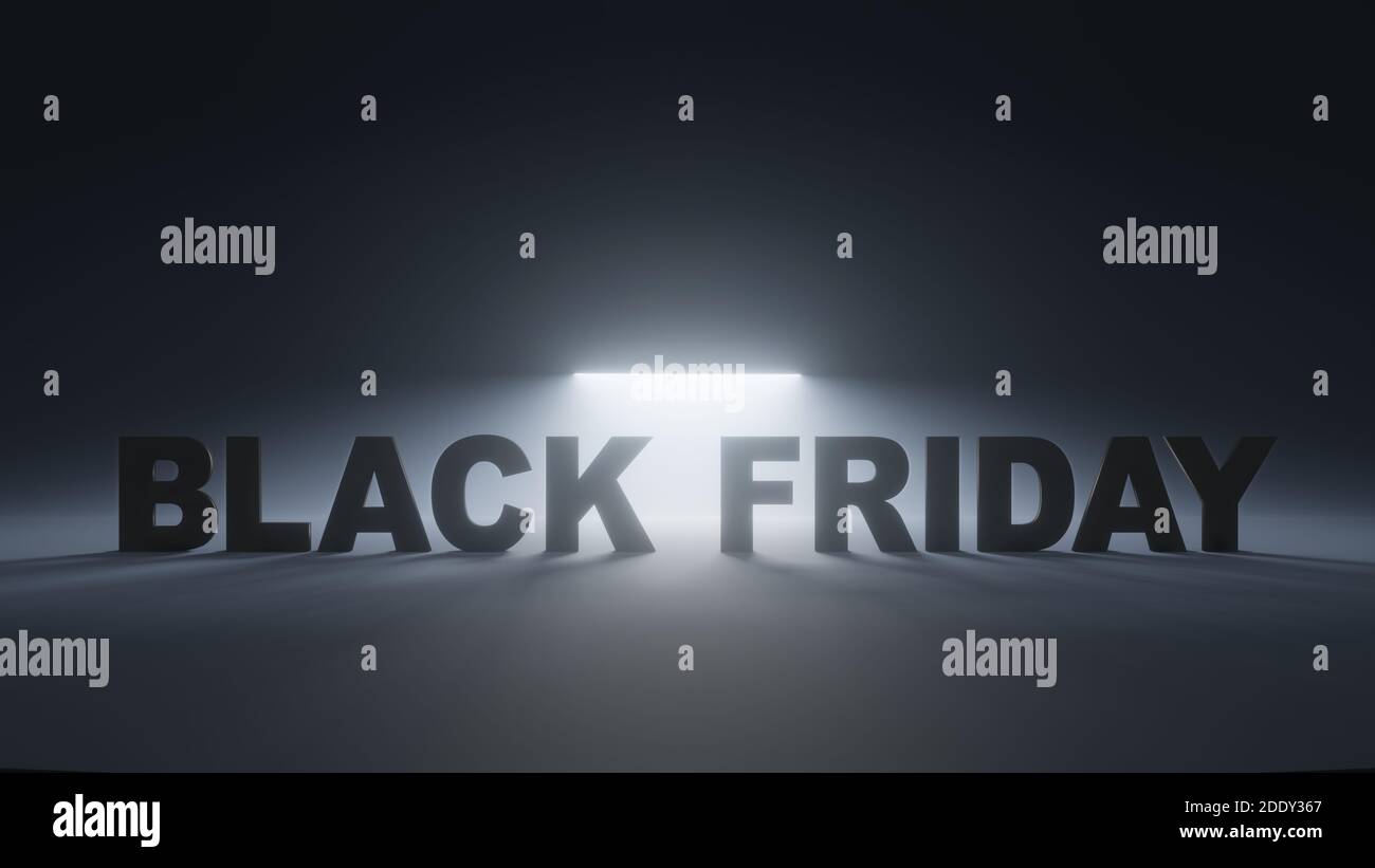 Black friday text with strong white backlight, futuristic design, animation also avaiable in portfolio Stock Photo