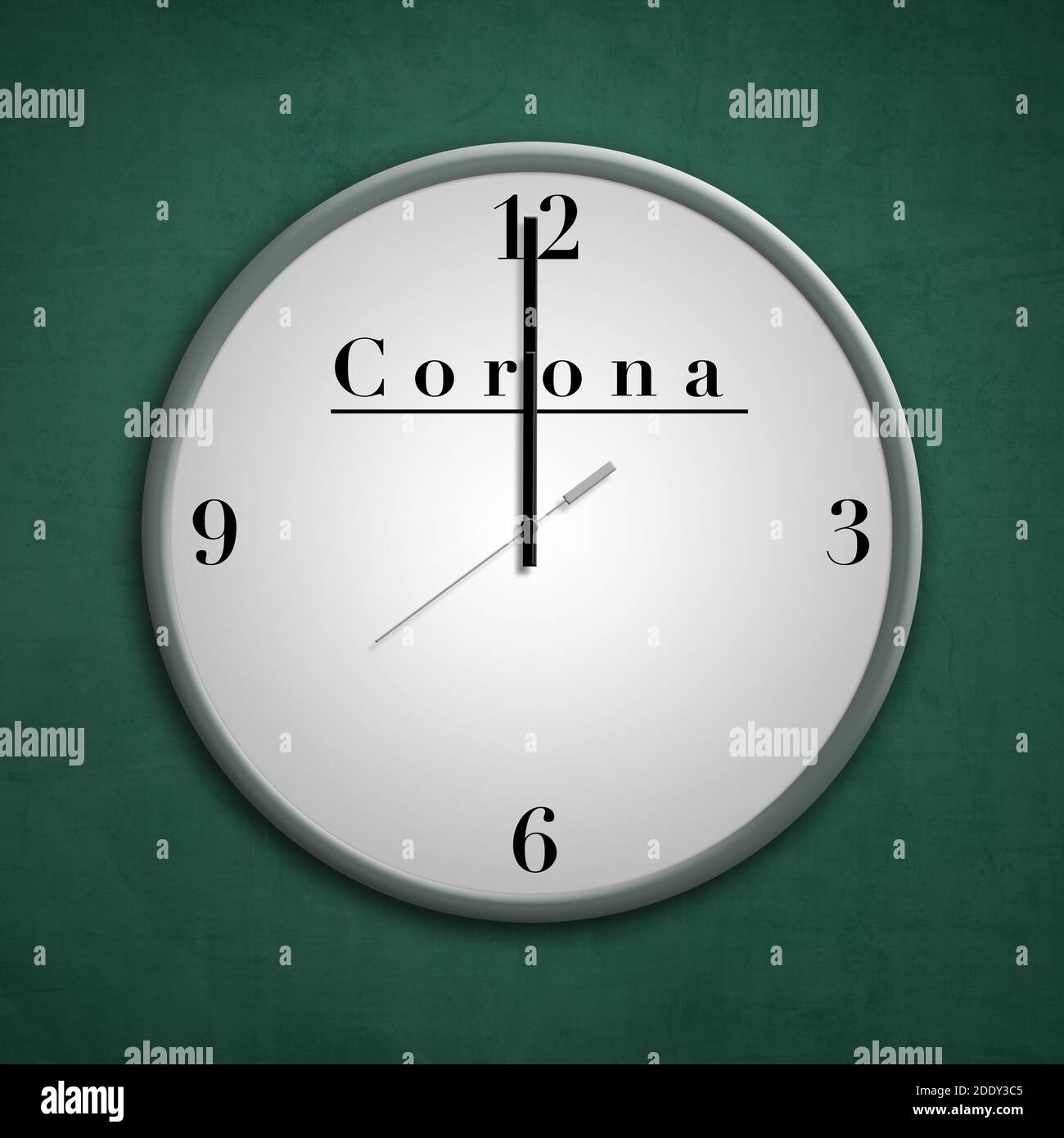 Corona curfew clock at 12 o clock hanging on green wall Stock Photo