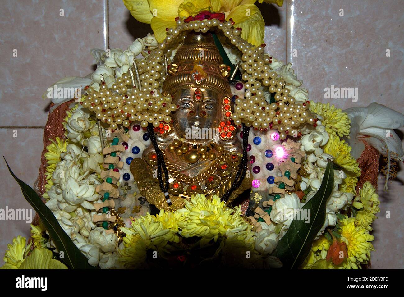 Worshipping icon of Devi Mahalakshmi decorated with pearls, flowers and ...
