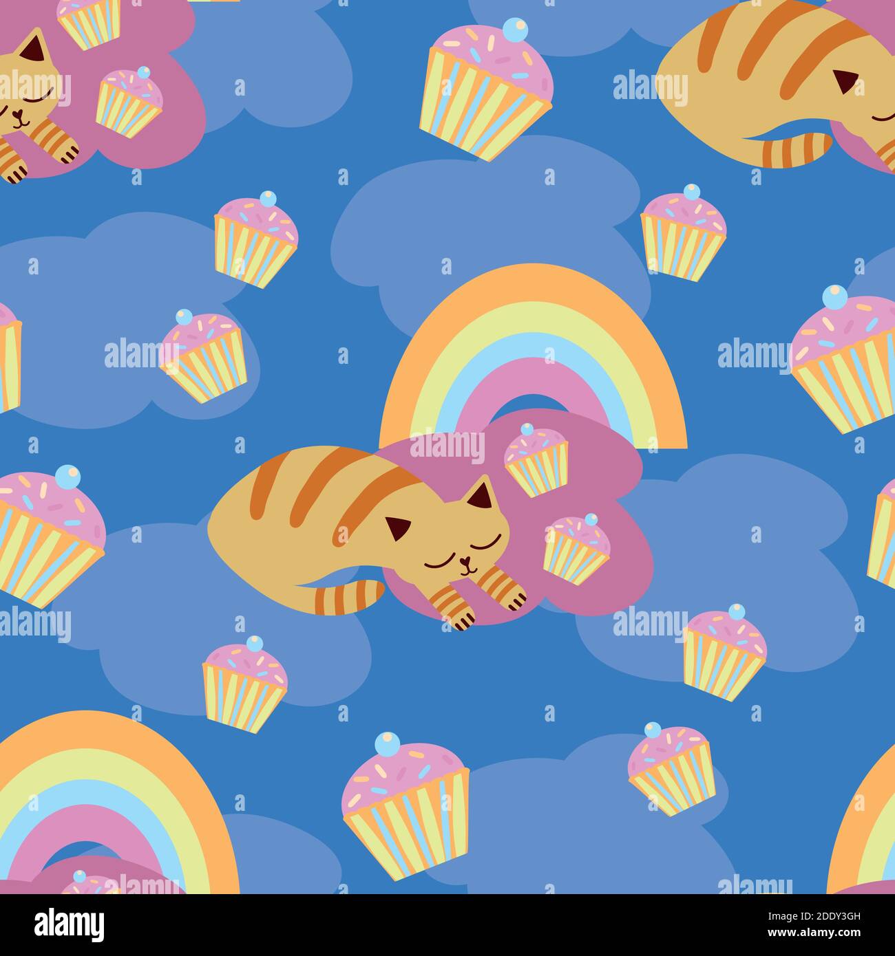 Cute vector sleeping kawaii cats with cupcakes, rainbows. Seamless pattern background. Snoozing ginger kitten curled up on blue cloud sky backdrop Stock Vector