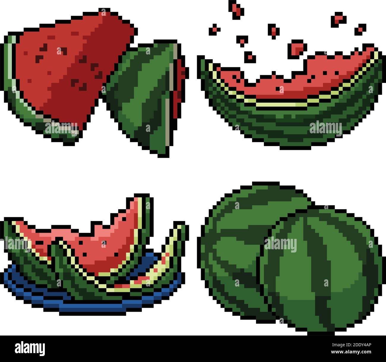 16px top-down fruits icons set, pixel art, peach, watermelon