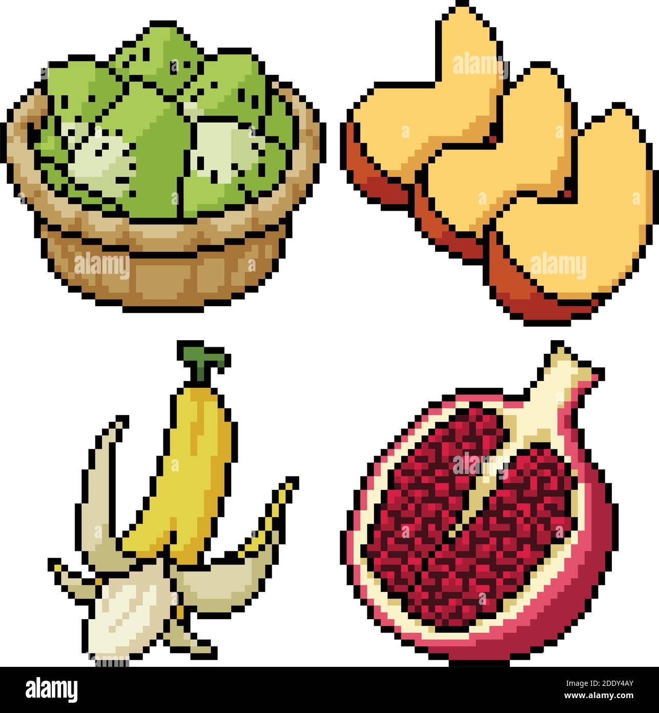 Pixel exotic fruits. Cartoon stylized fruit icons for 2D game, 8